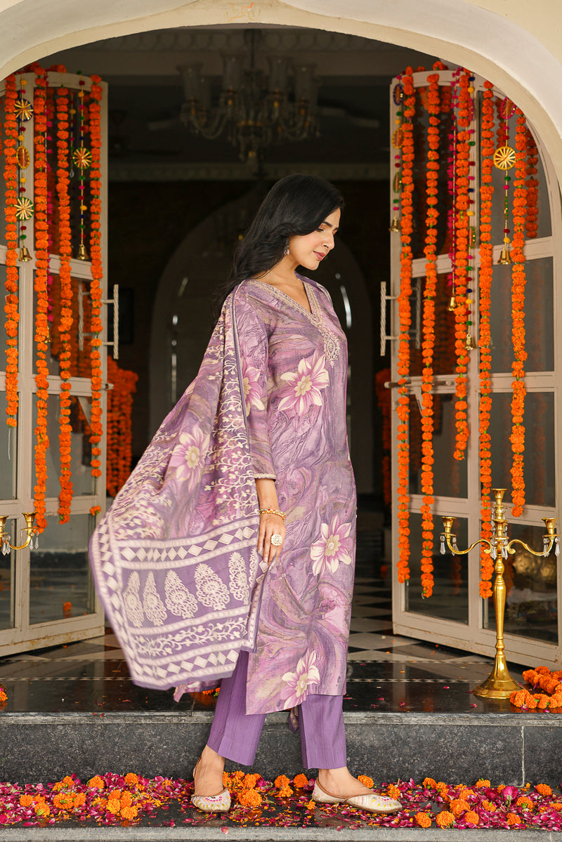 lavender viscose rayon floral embroidered straight kurta trousers with dupatta