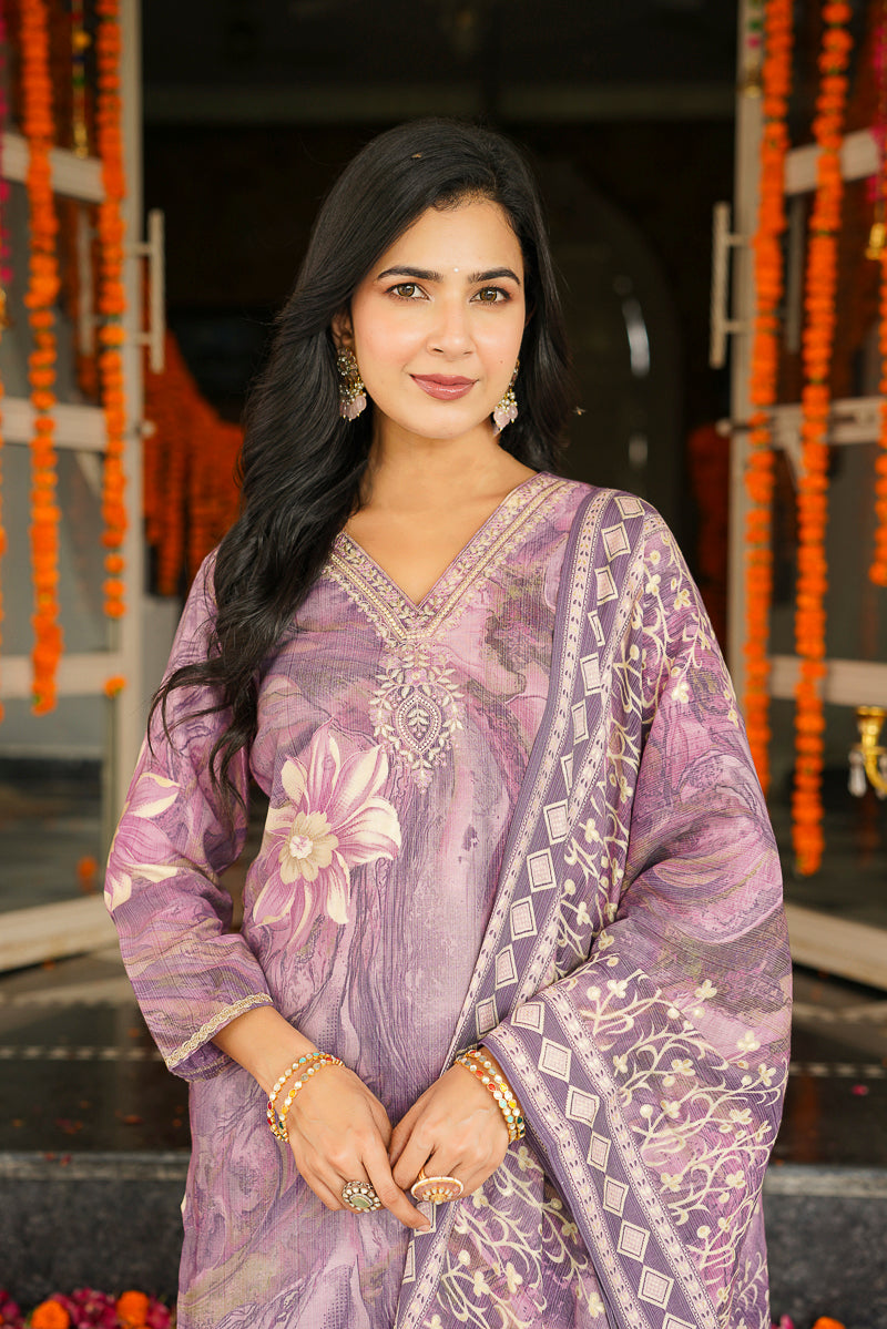 lavender viscose rayon floral embroidered straight kurta trousers with dupatta