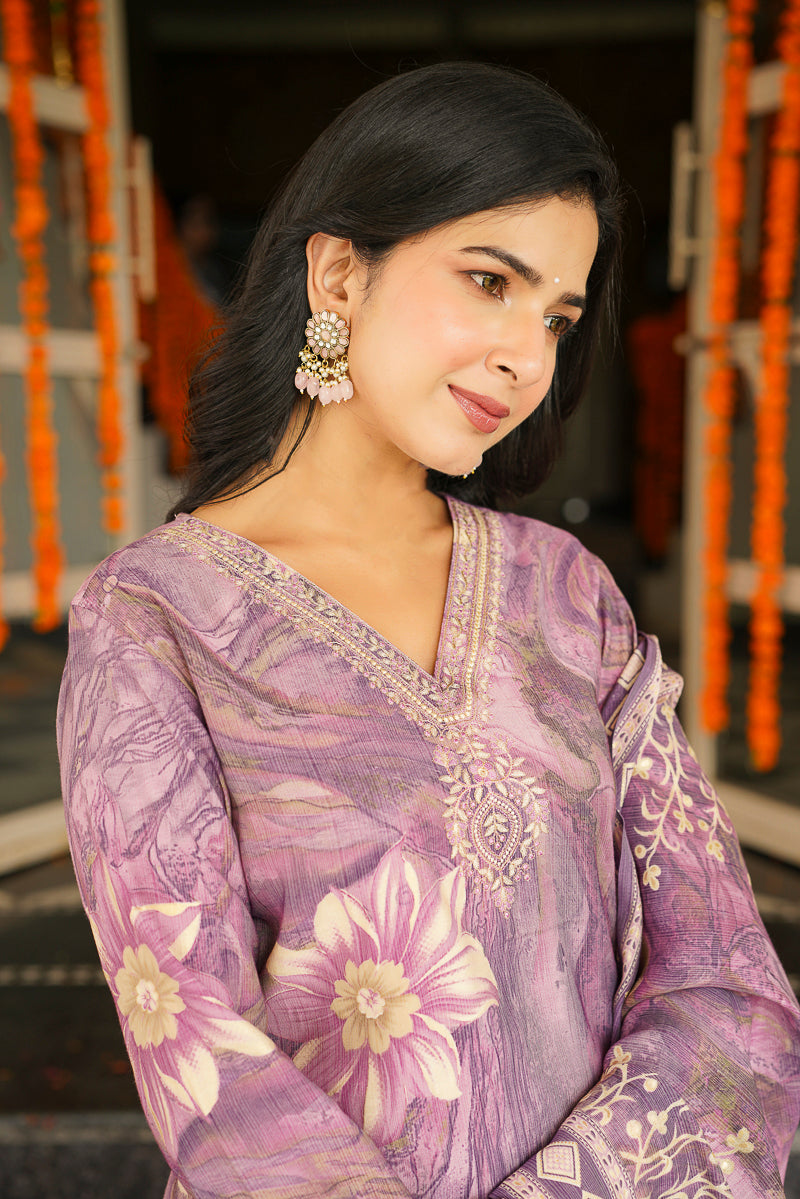 lavender viscose rayon floral embroidered straight kurta trousers with dupatta