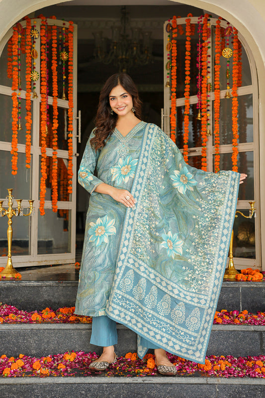 blue viscose rayon floral embroidered straight kurta trousers with dupatta skskd3125
