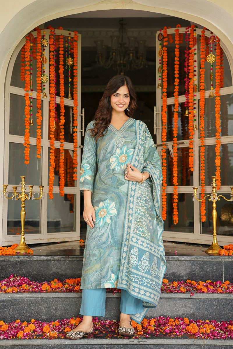 blue viscose rayon floral embroidered straight kurta trousers with dupatta skskd3125