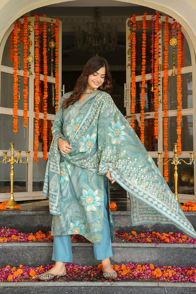 blue viscose rayon floral embroidered straight kurta trousers with dupatta skskd3125