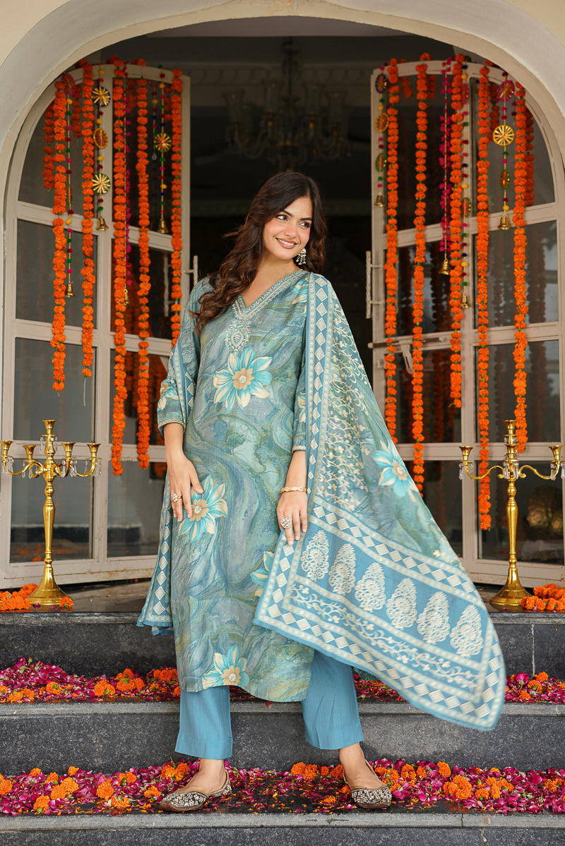 blue viscose rayon floral embroidered straight kurta trousers with dupatta skskd3125