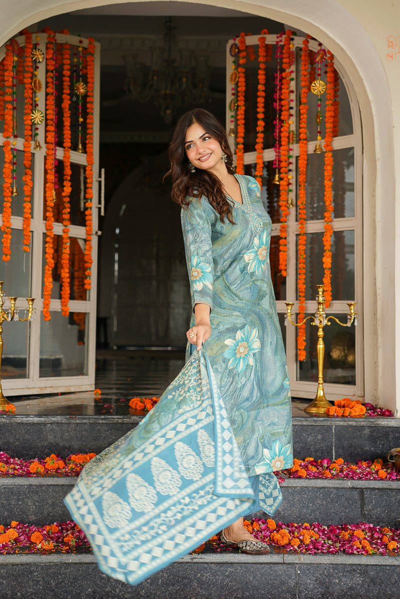 blue viscose rayon floral embroidered straight kurta trousers with dupatta skskd3125