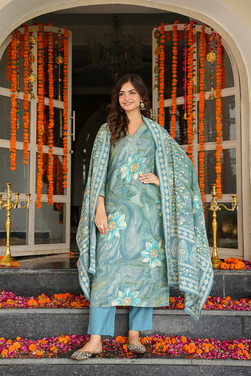 blue viscose rayon floral embroidered straight kurta trousers with dupatta skskd3125
