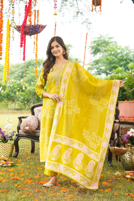 yellow poly chanderi floral embroidered straight kurta trousers with dupatta skskd3131