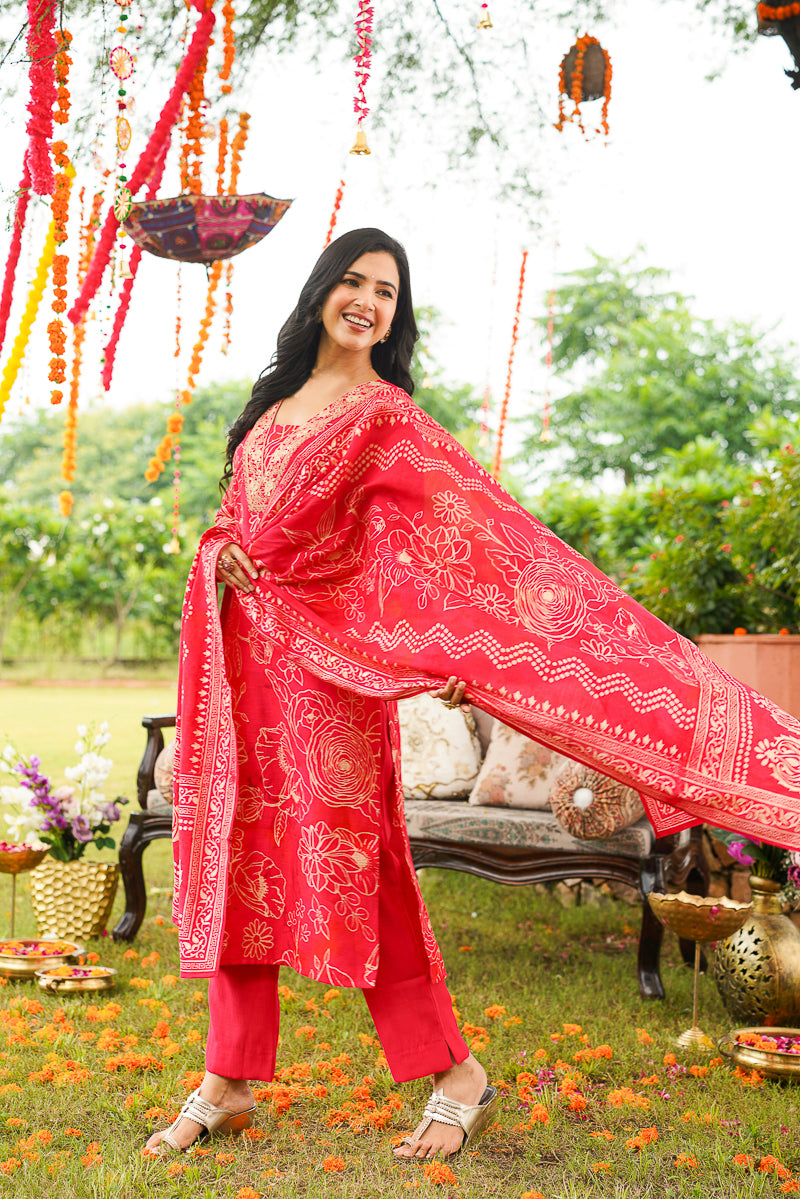 Red Poly Chanderi Floral Printed Straight Kurta Trousers With Dupatta