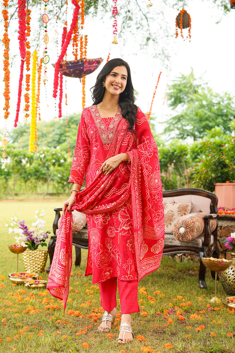 Red Poly Chanderi Floral Printed Straight Kurta Trousers With Dupatta