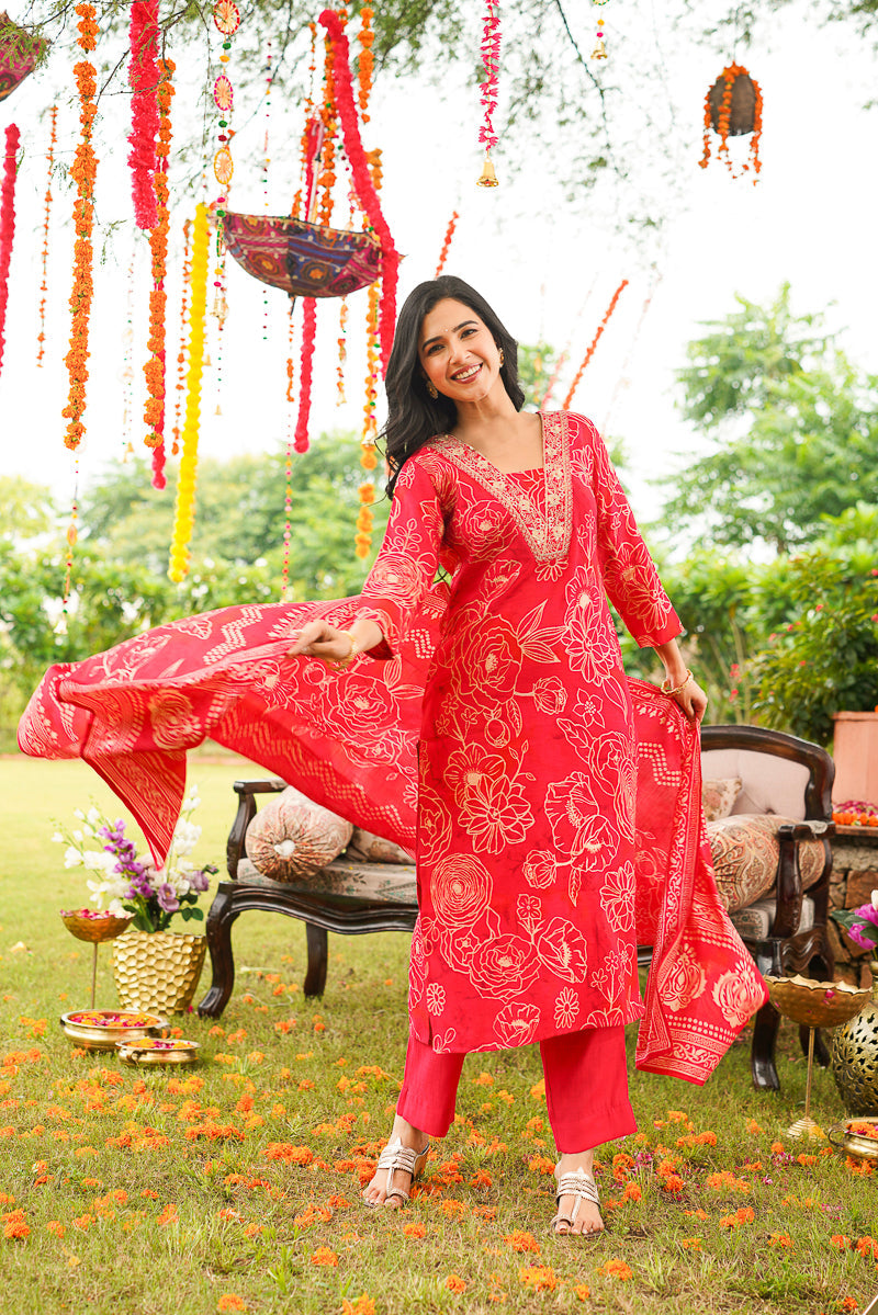 Red Poly Chanderi Floral Printed Straight Kurta Trousers With Dupatta