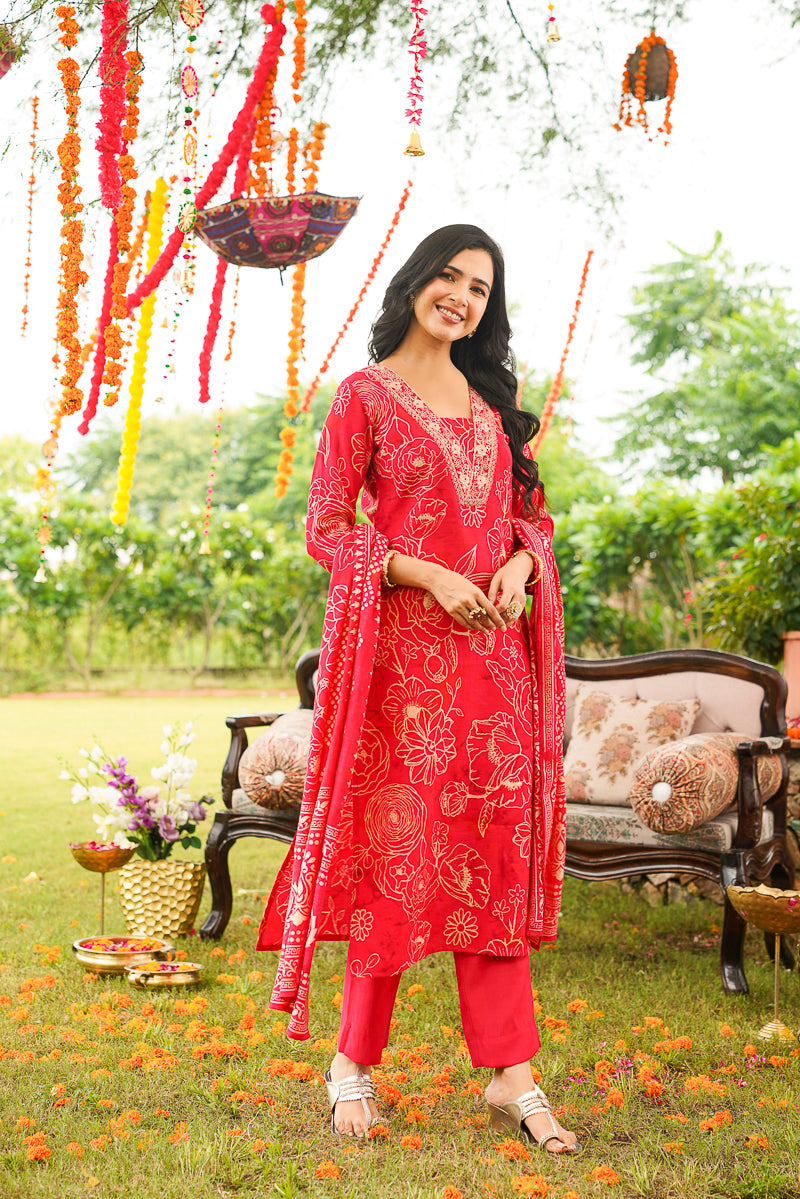 Red Poly Chanderi Floral Printed Straight Kurta Trousers With Dupatta