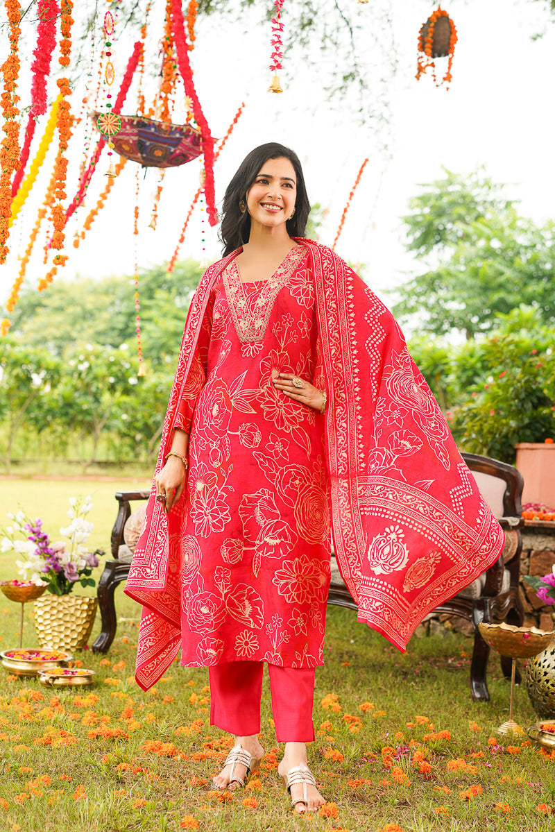 Red Poly Chanderi Floral Printed Straight Kurta Trousers With Dupatta
