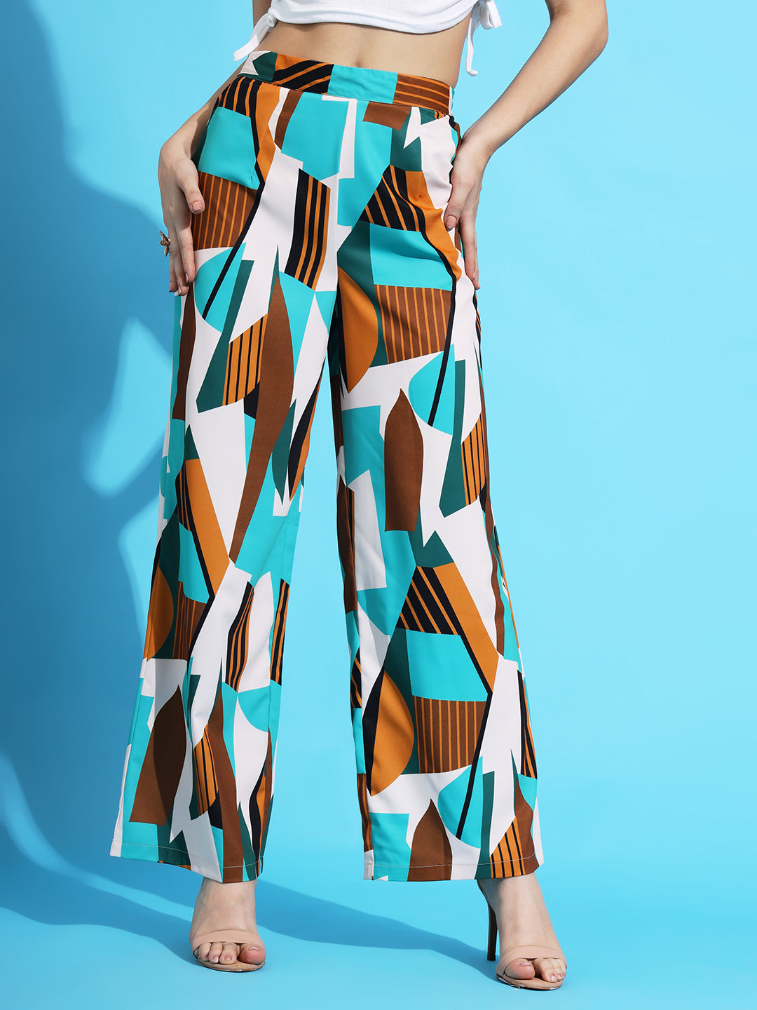 solid high rise geometric printed trousers