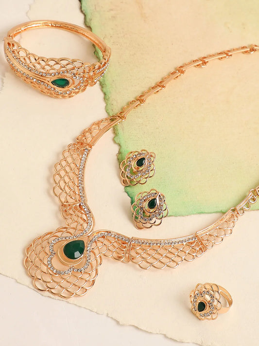 SOHI - Gold Plated Designer Stone Necklace, Earring, Ring and Bracelet Set