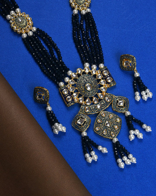 SOHI - Gold Plated Kundan Beaded Necklace and Earrings Set