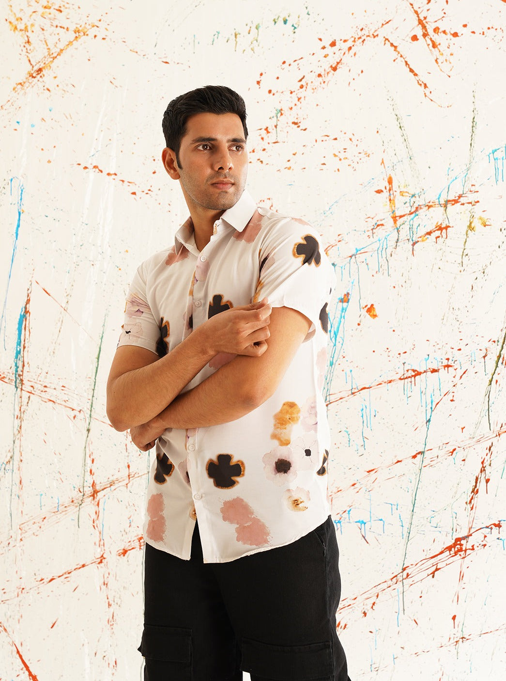 Classic Peach Floral Printed Spread Collar Cotton Curved Casual Shirt Copy