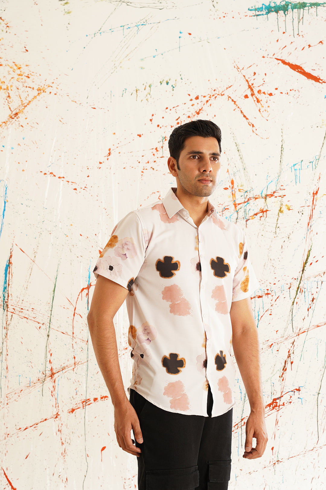 Classic Peach Floral Printed Spread Collar Cotton Curved Casual Shirt Copy