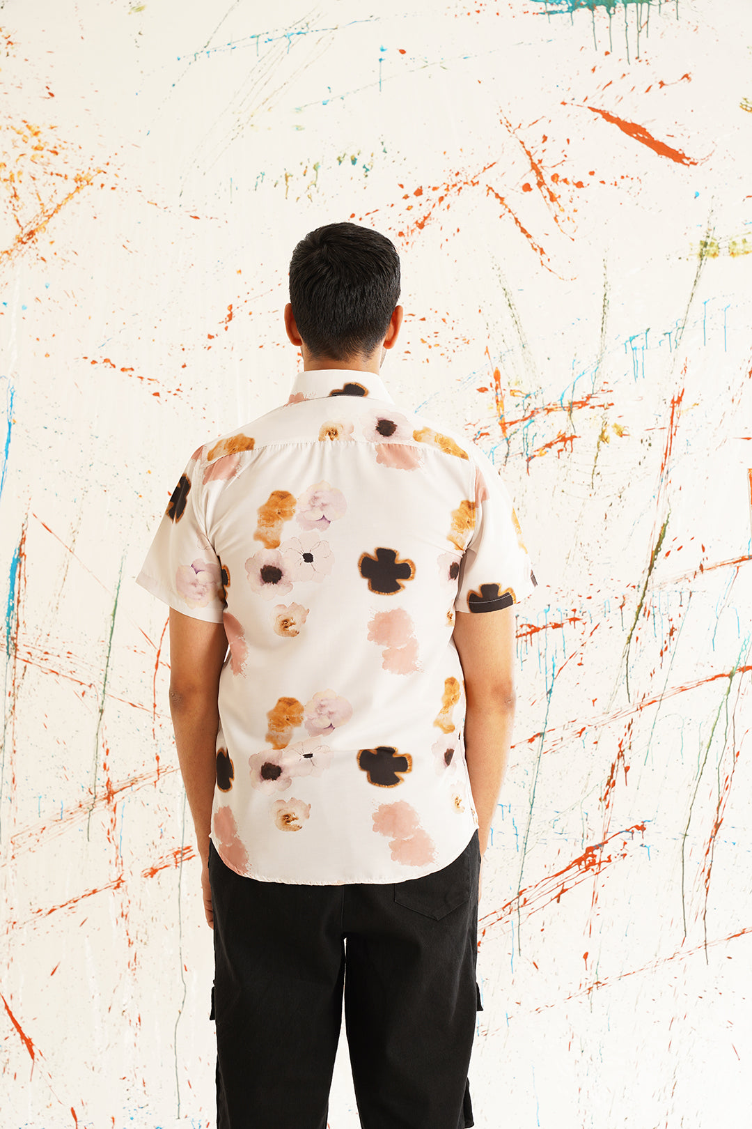 Classic Peach Floral Printed Spread Collar Cotton Curved Casual Shirt Copy