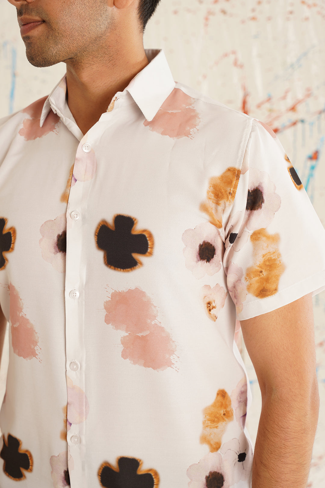 Classic Peach Floral Printed Spread Collar Cotton Curved Casual Shirt Copy