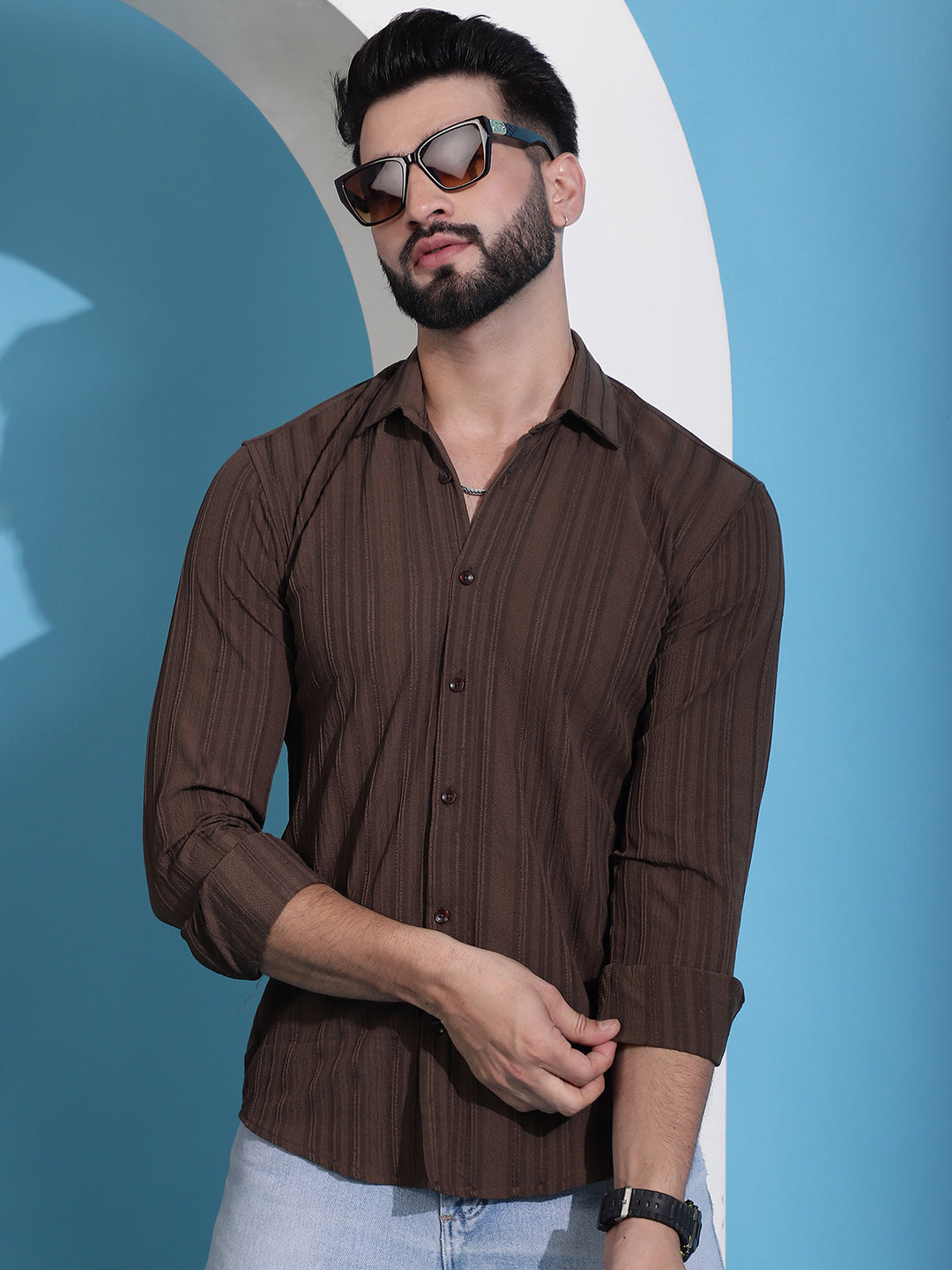 Brown Striped Casual Shirt For Mens