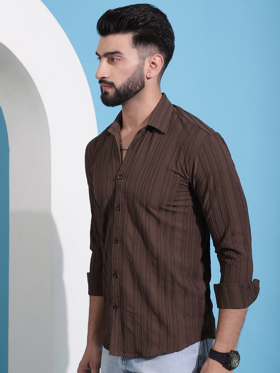 Brown Striped Casual Shirt For Mens