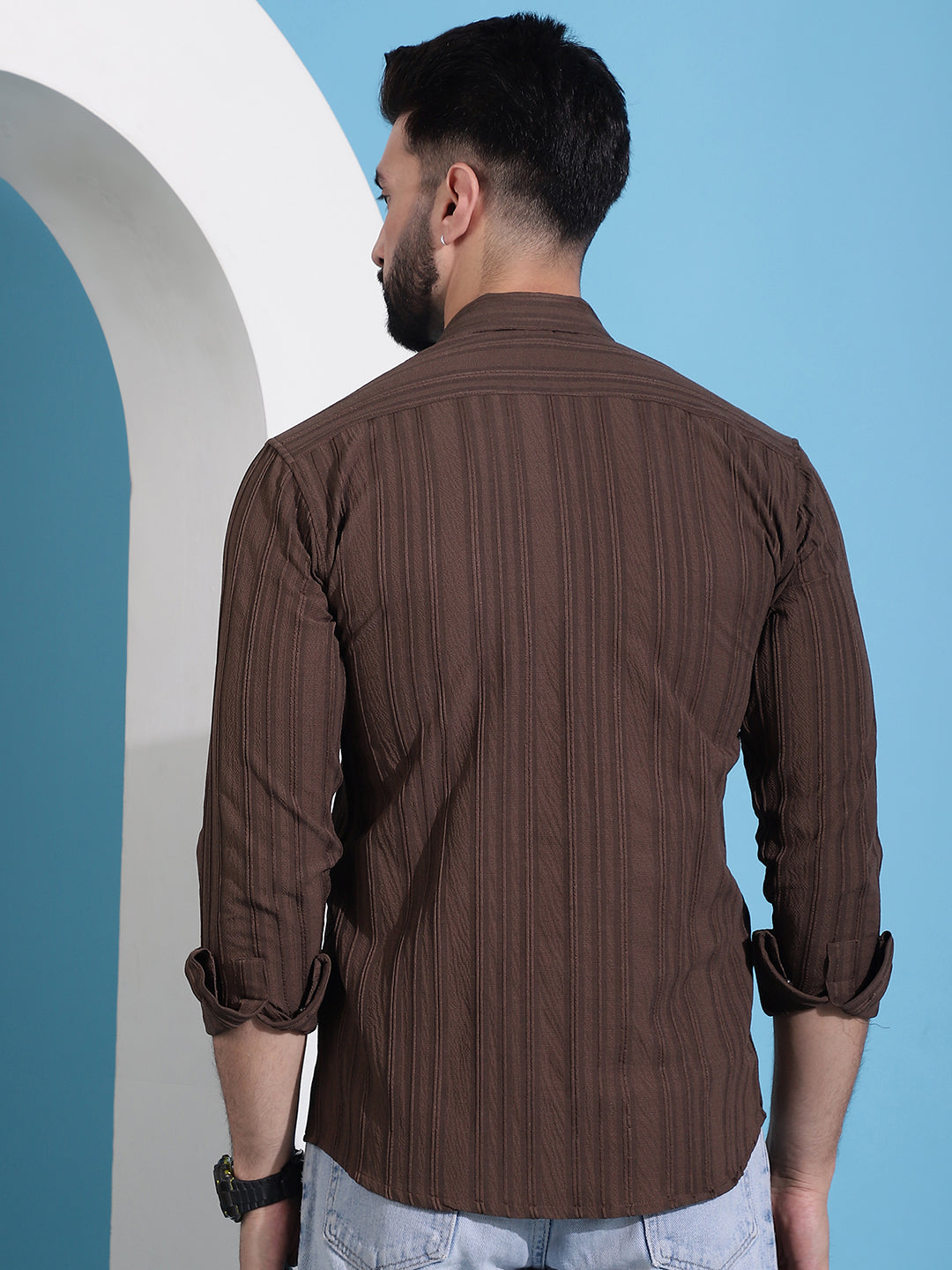 Brown Striped Casual Shirt For Mens