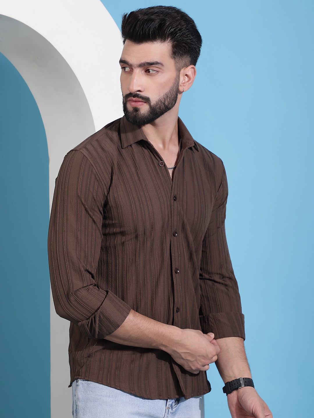 Brown Striped Casual Shirt For Mens