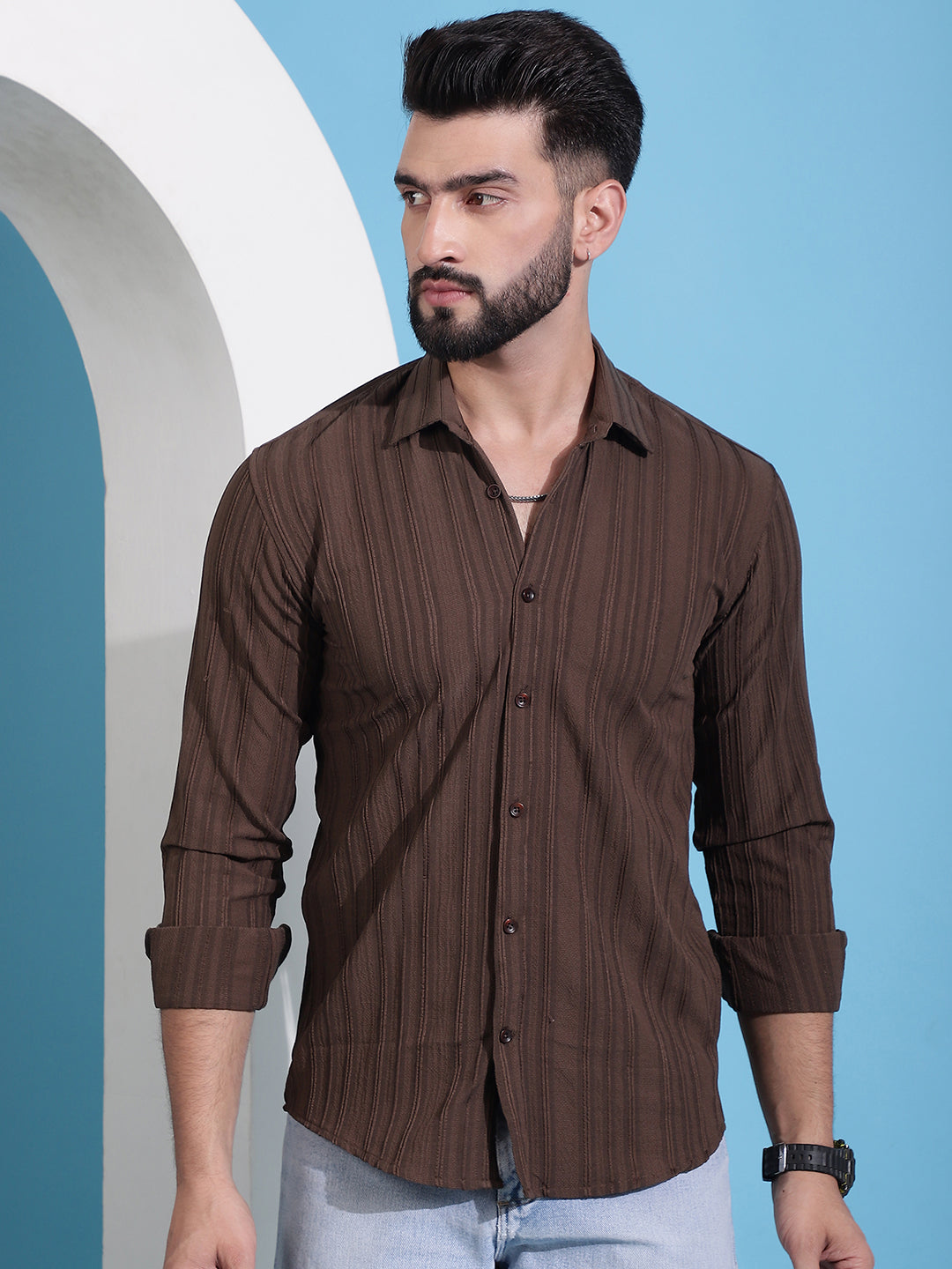 Brown Striped Casual Shirt For Mens