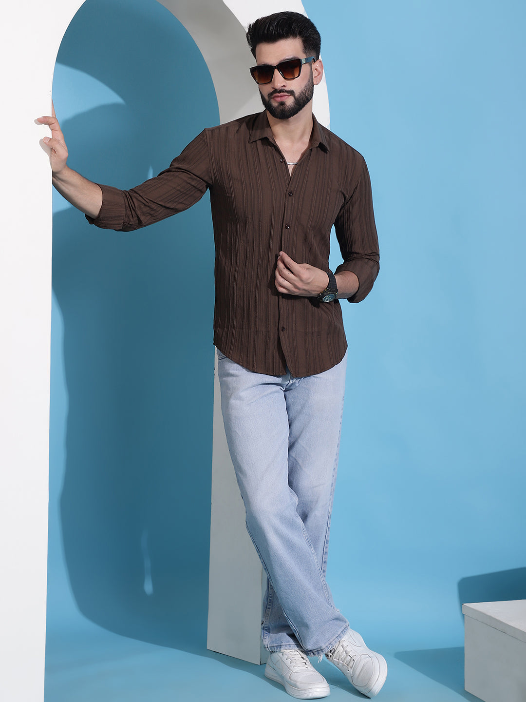 Brown Striped Casual Shirt For Mens