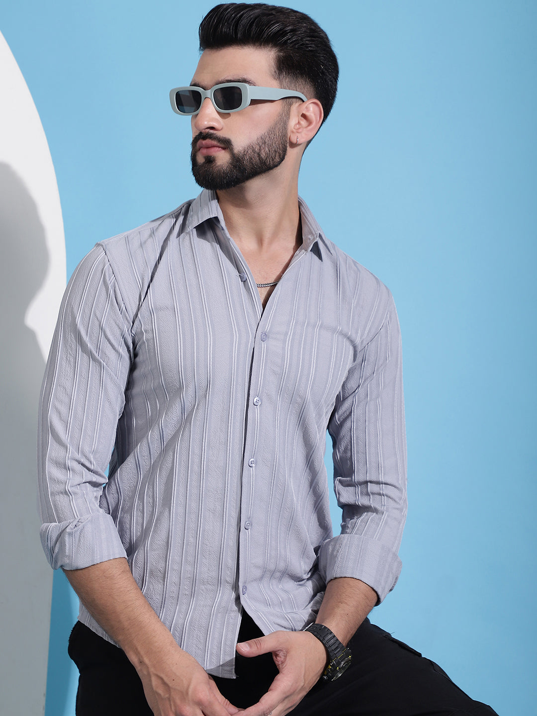 Grey Striped Casual Shirt For Mens