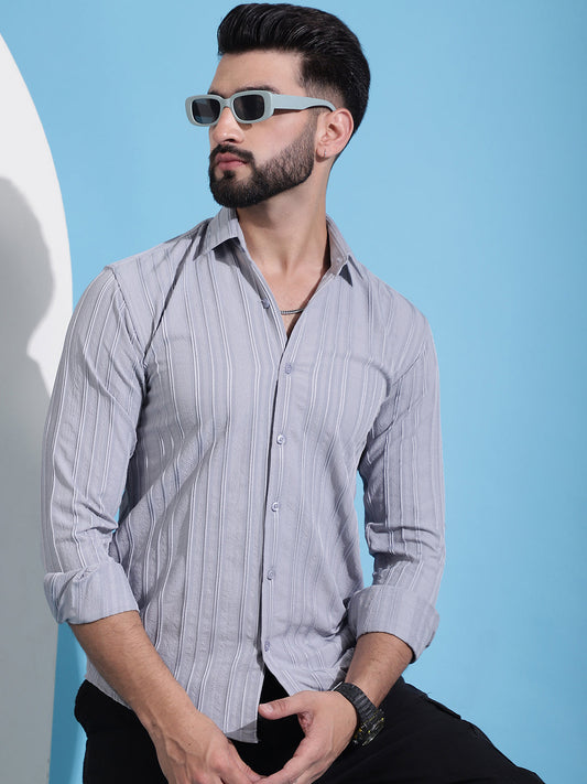 Grey Striped Casual Shirt For Mens