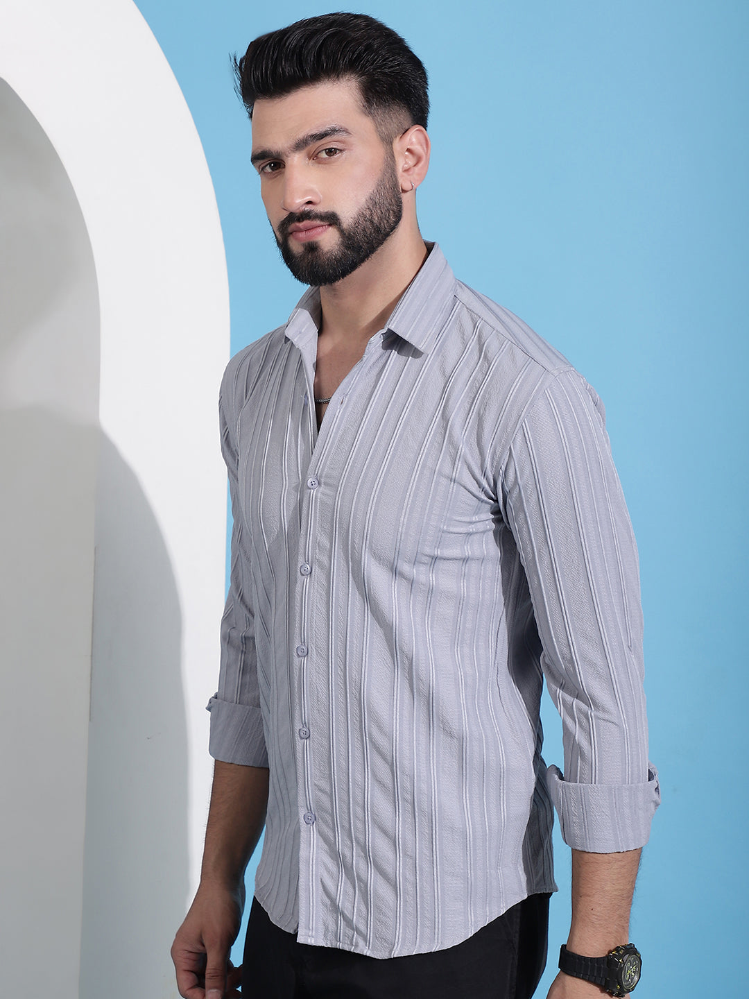 Grey Striped Casual Shirt For Mens