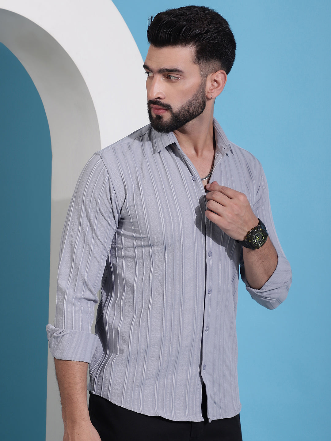 Grey Striped Casual Shirt For Mens