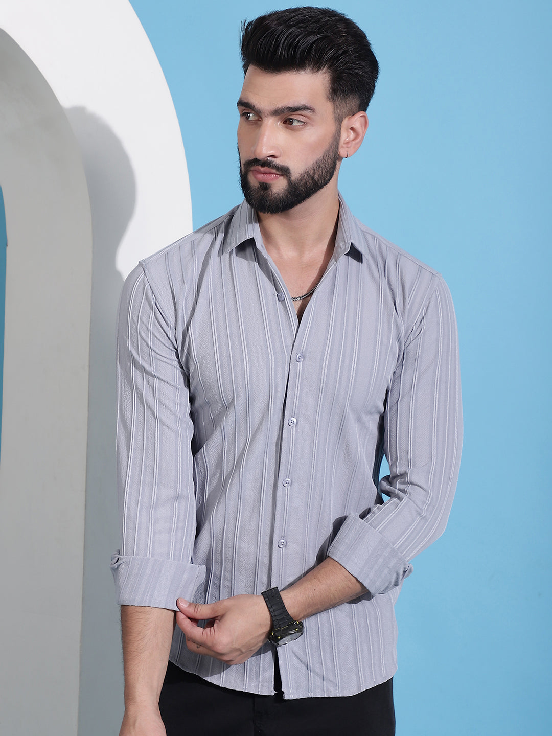 Grey Striped Casual Shirt For Mens