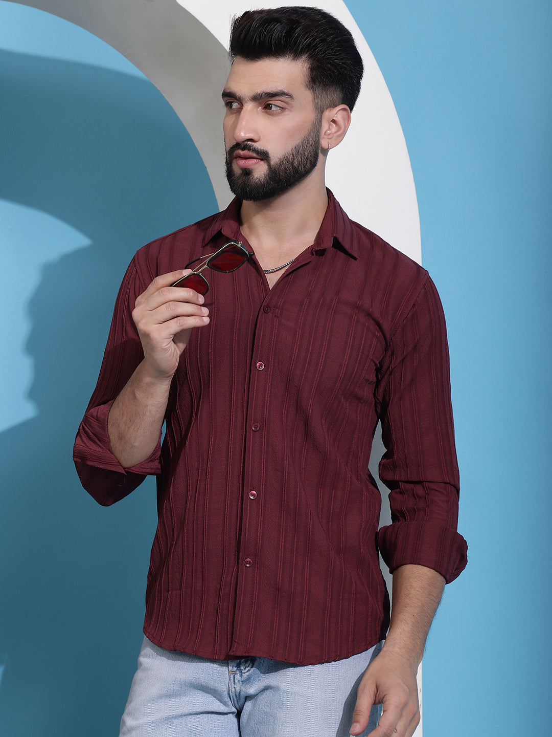 Maroon Striped Casual Shirt For Mens