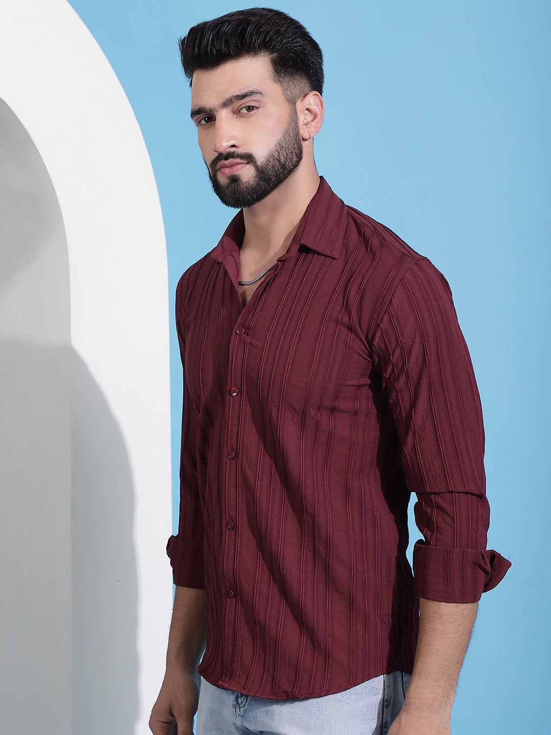 Maroon Striped Casual Shirt For Mens