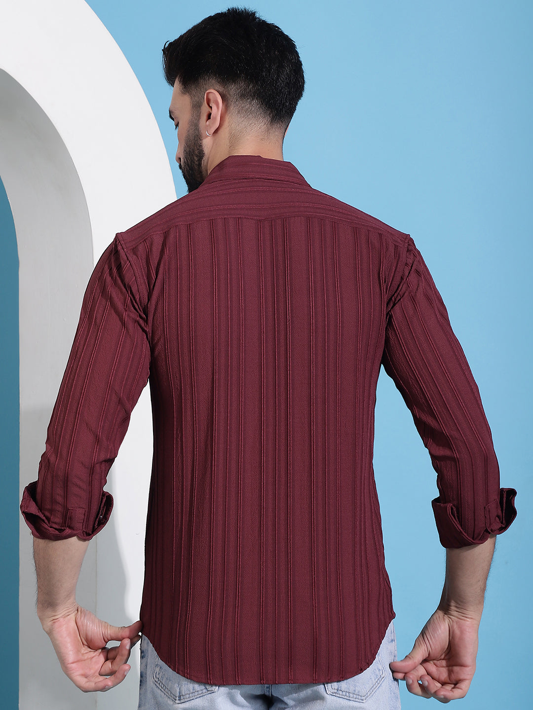 Maroon Striped Casual Shirt For Mens
