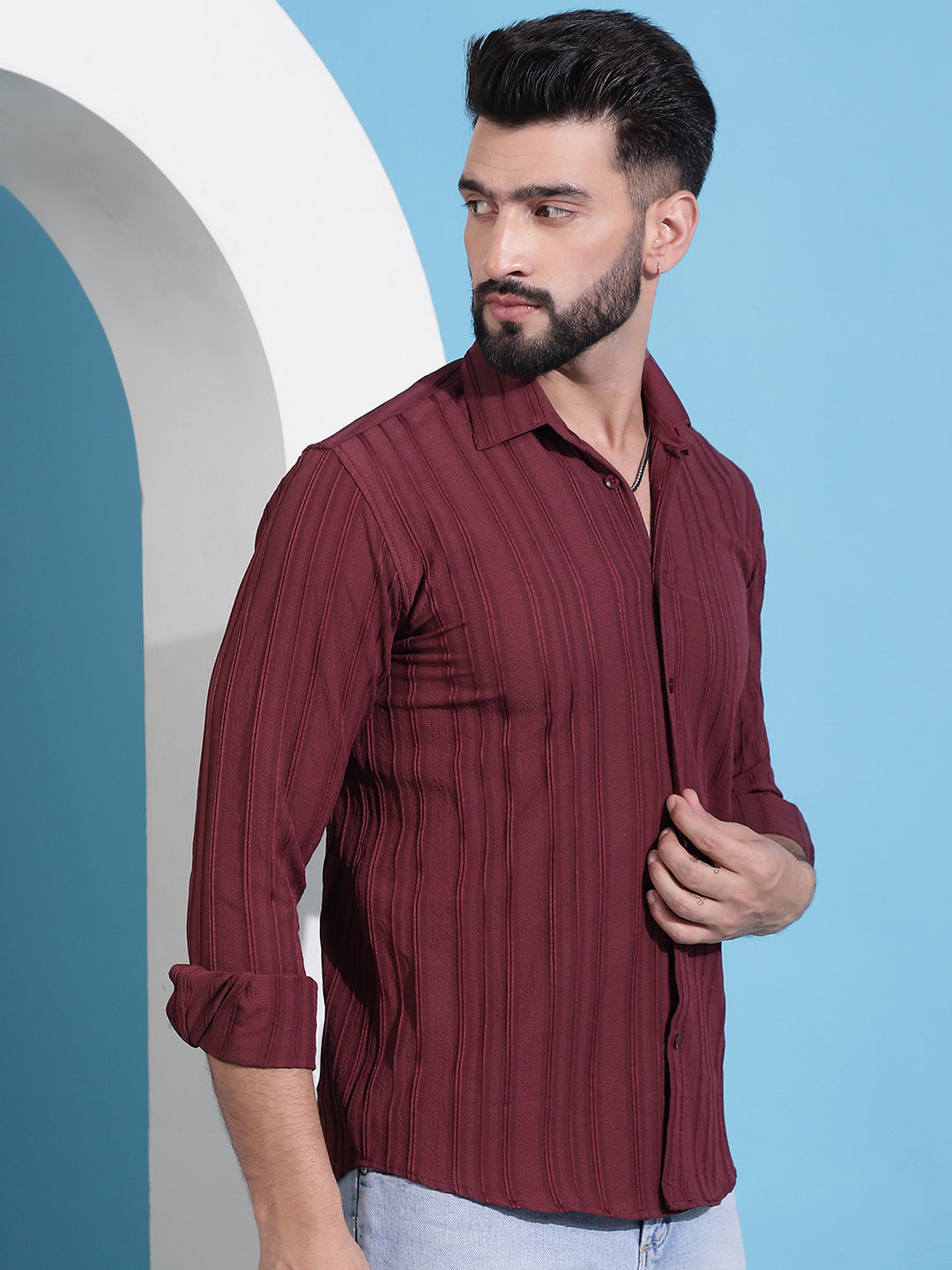 Maroon Striped Casual Shirt For Mens