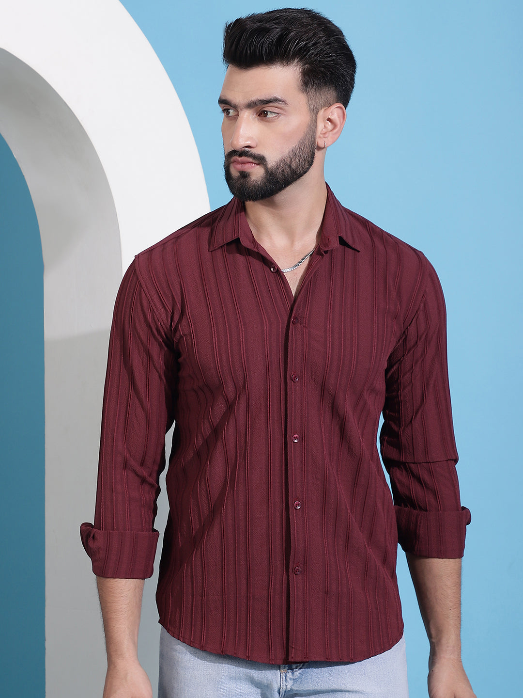 Maroon Striped Casual Shirt For Mens