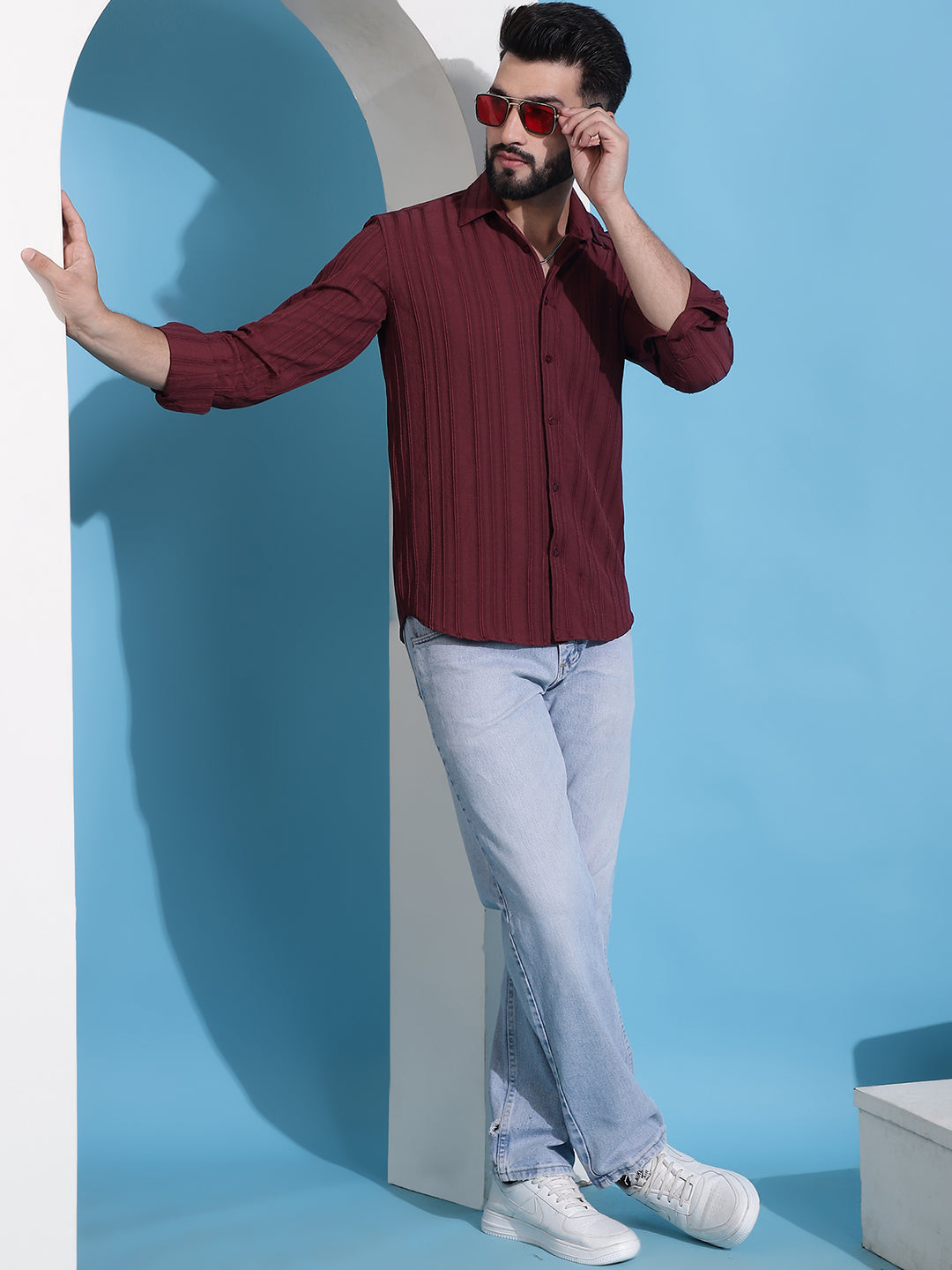 Maroon Striped Casual Shirt For Mens