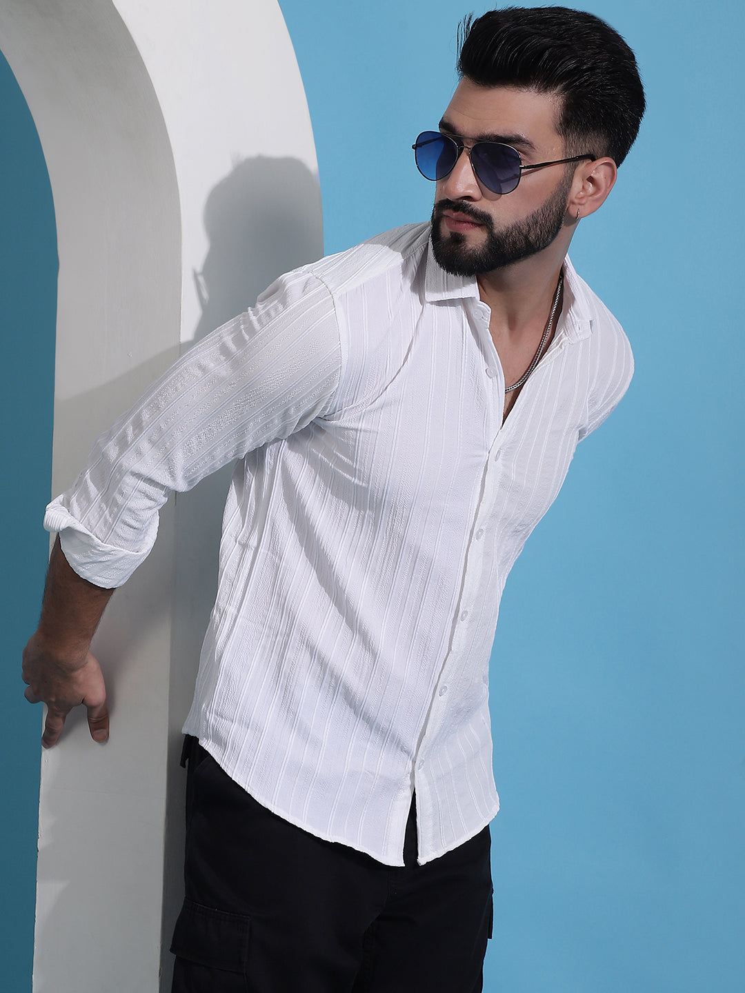 White Striped Casual Shirt For Mens