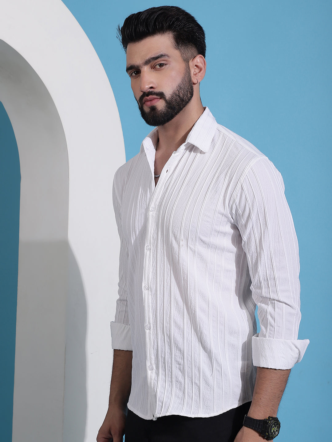White Striped Casual Shirt For Mens
