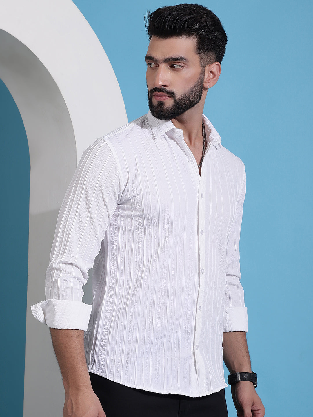 White Striped Casual Shirt For Mens