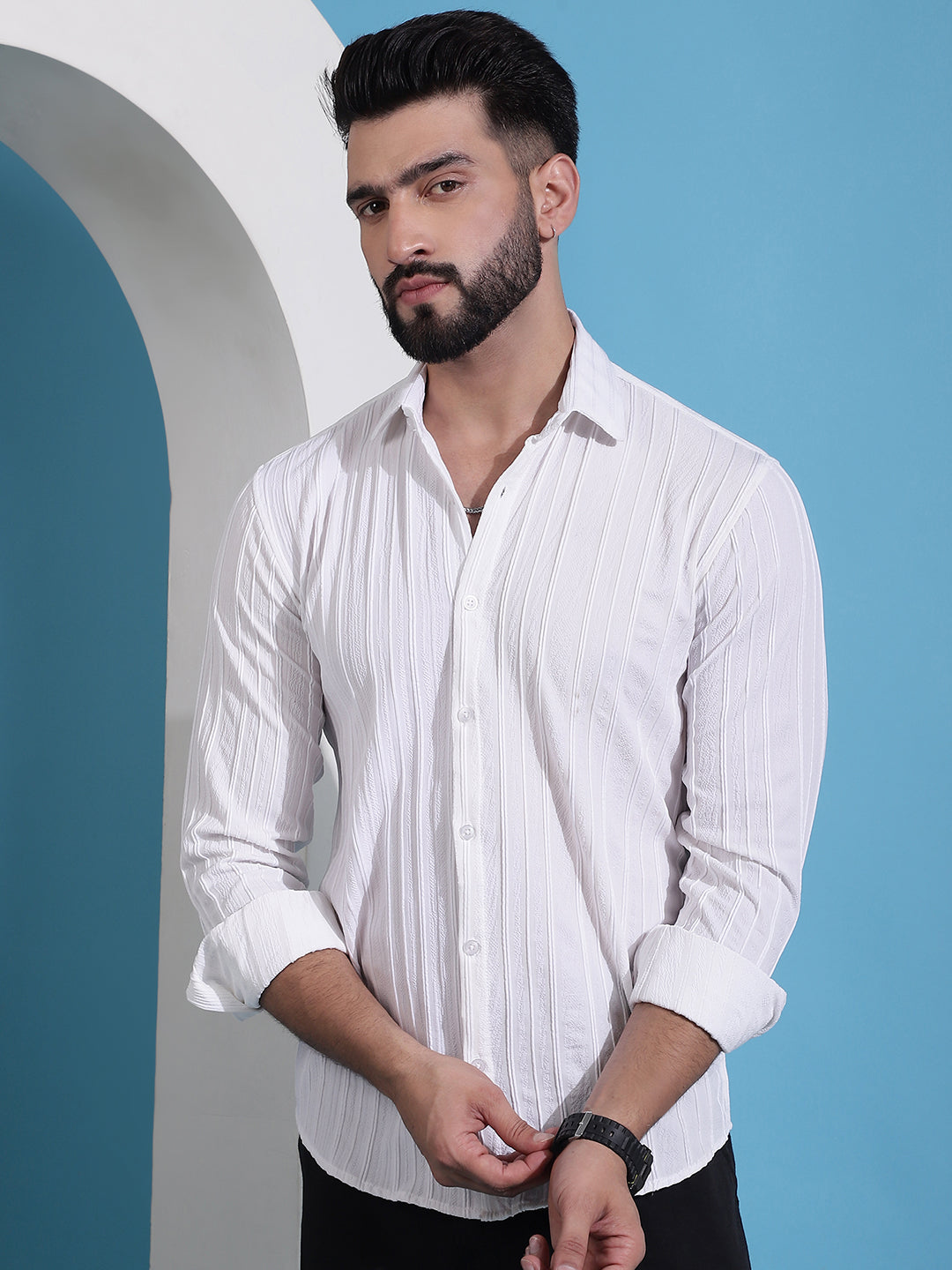 White Striped Casual Shirt For Mens