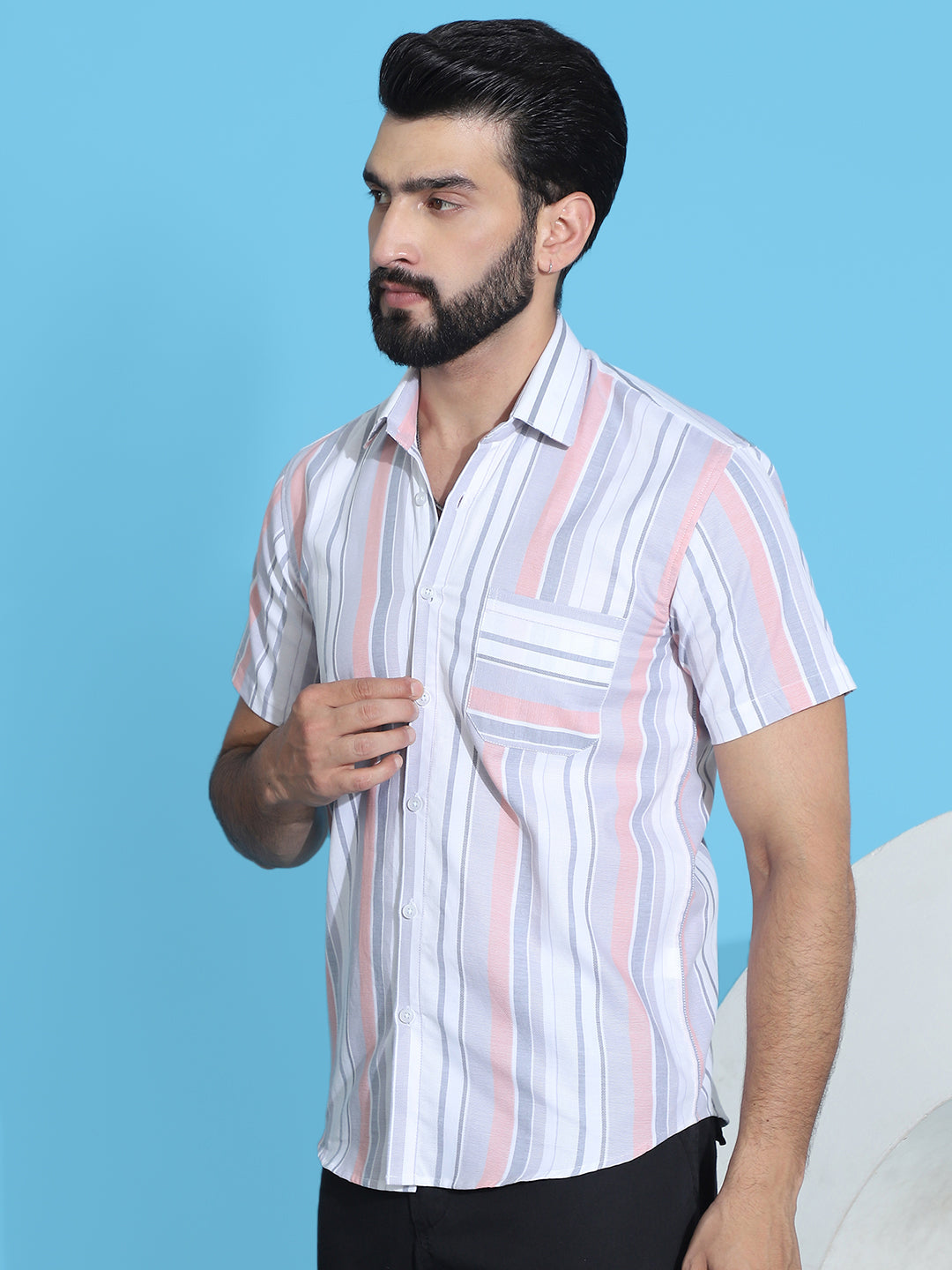 Striped Half Sleeve Cotton Lycra Shirt For Men