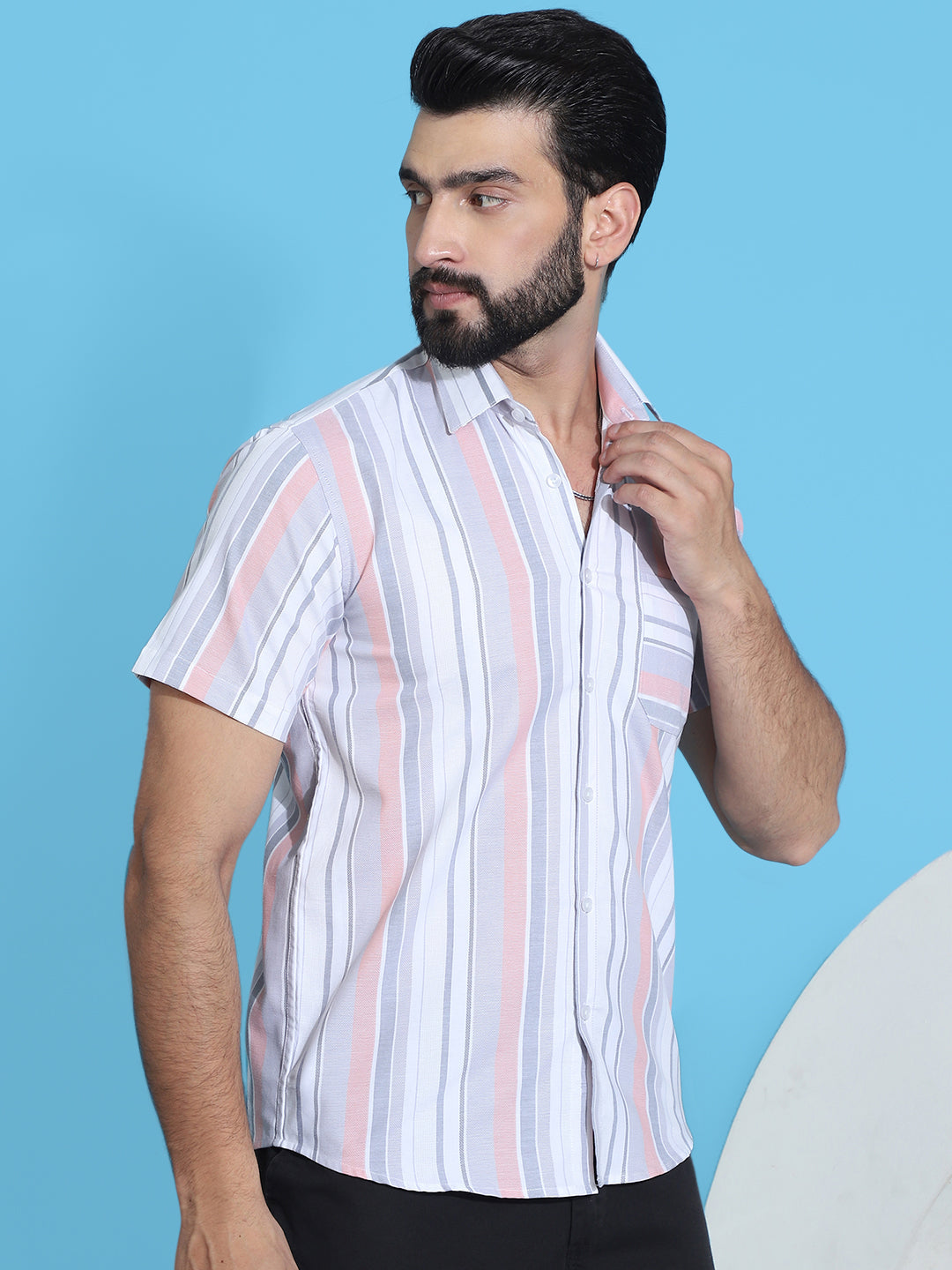 Striped Half Sleeve Cotton Lycra Shirt For Men