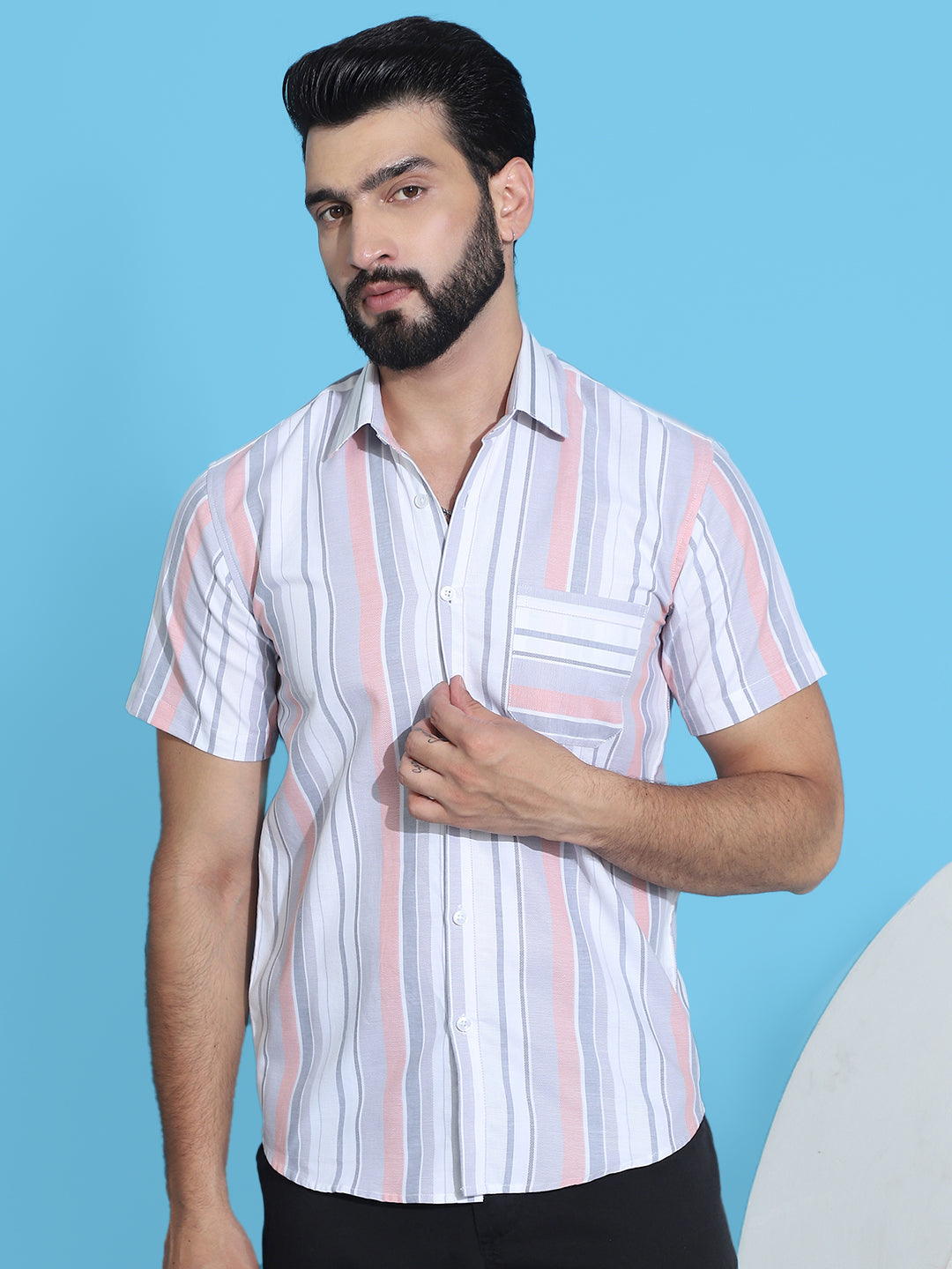 Striped Half Sleeve Cotton Lycra Shirt For Men