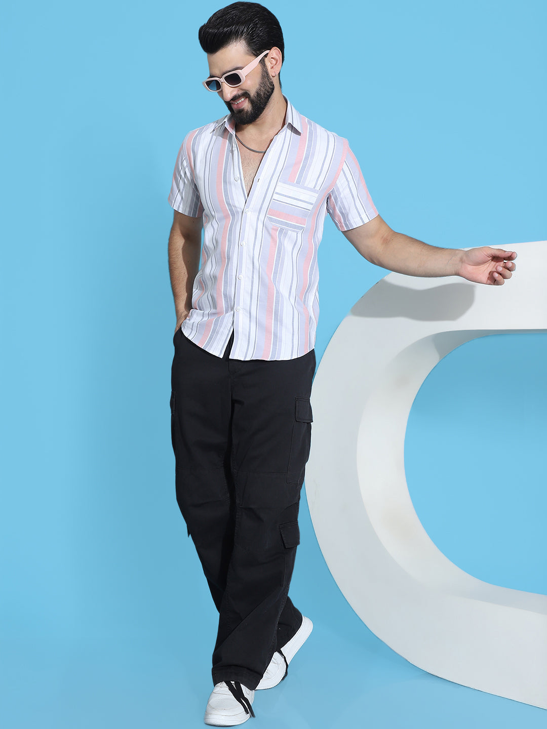 Striped Half Sleeve Cotton Lycra Shirt For Men