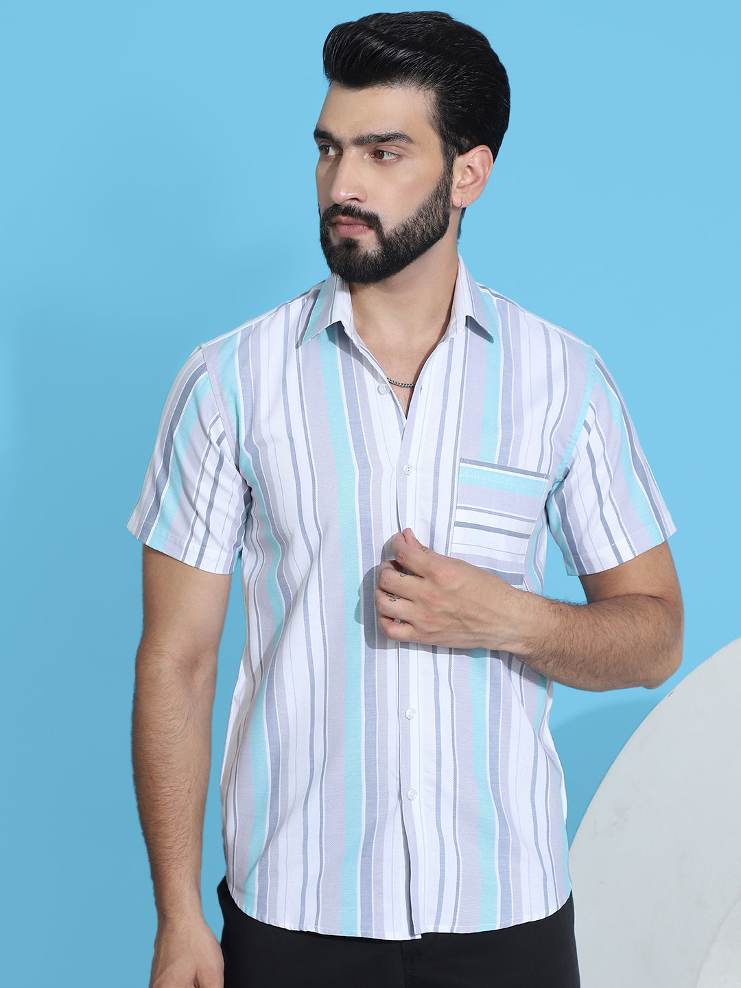 Striped Half Sleeve Cotton Lycra Shirt For Men