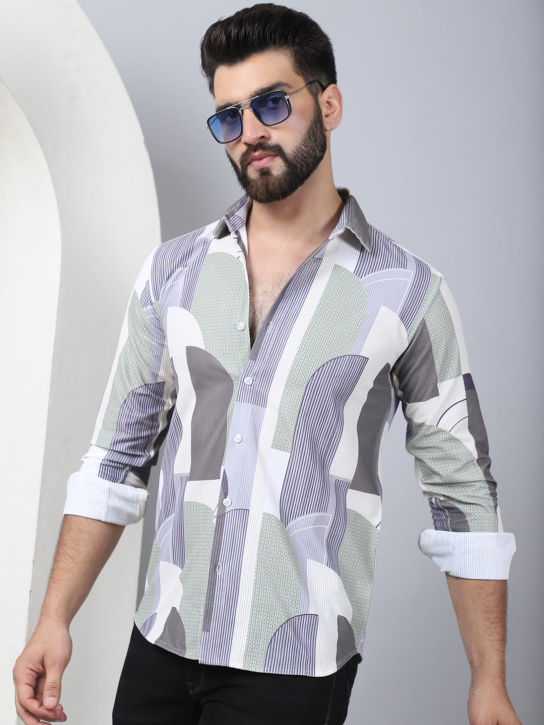 Abstract Printed Spread Collar Cotton Casual Shirt For Men