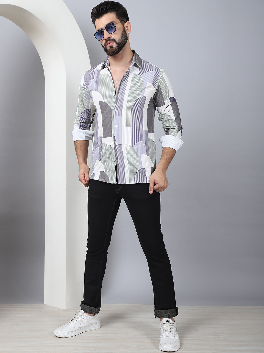 Abstract Printed Spread Collar Cotton Casual Shirt For Men